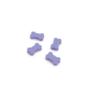 May include: Four small, light purple bone-shaped objects are scattered on a white surface. The objects are evenly spaced and appear to be made of a solid material. The objects are a light shade of purple.