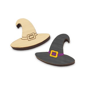 May include: Two wooden witch hats. One is natural wood with a carved buckle. The other is gray with a purple band and gold buckle. These decorative items are perfect for Halloween.