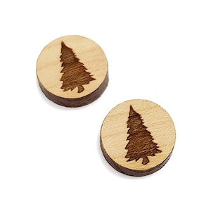 Pine Tree Silhouette Round Wood Cabochon Stud Earring Blanks, Small Wood Shapes, Ready to Paint, Made in USA, GT-00-0009