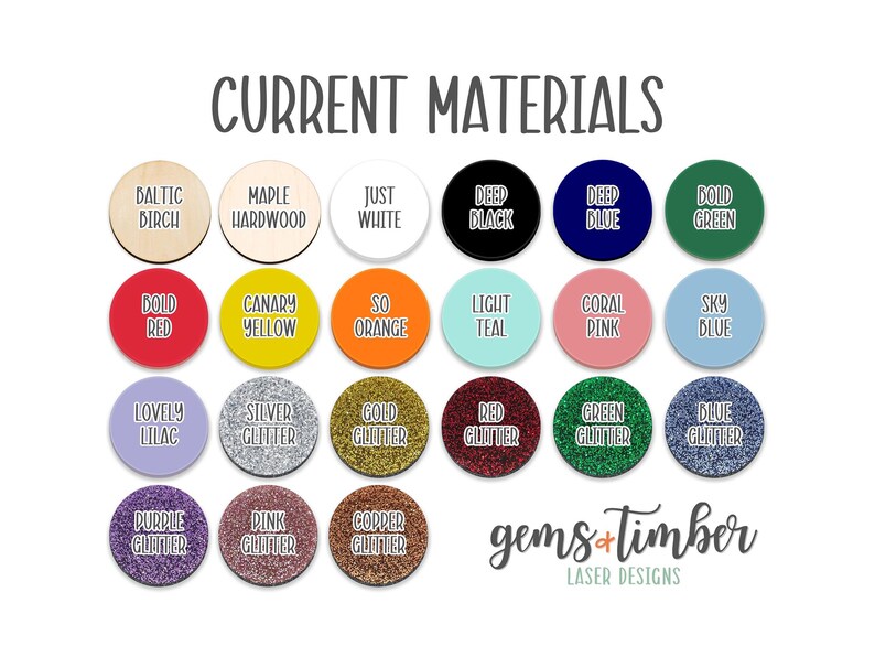 a bunch of different colored buttons with the words current materials