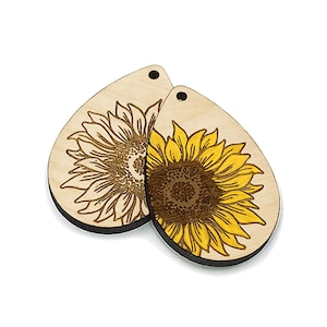 Sunflower Teardrop Wood Jewelry Charm Blanks, Engraved Wood Cutouts for Necklaces or Earrings, Made in the USA, GT-01-0139