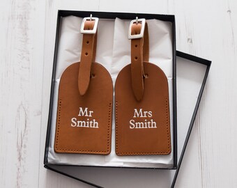 Leather Luggage Tags - Mr & Mrs Custom Personalized Last Name monogram - Tan
