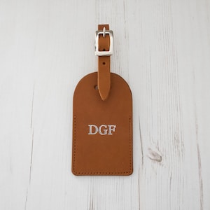 Leather Luggage Tag Custom Personalized MONOGRAM Initials - Tan