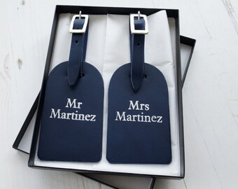 Leather Luggage Tags - Mr & Mrs Custom Personalized Last Name monogram - Navy Blue