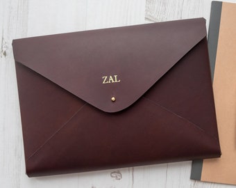 A4 MONOGRAM Leather Document Portfolio Folio Case Letter Paper Folder Holder Custom Personalized - Chocolate