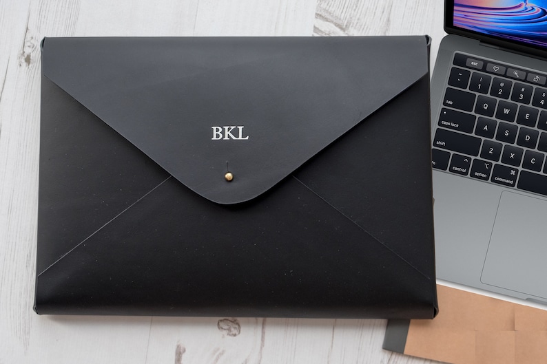 MacBook 12" inch MONOGRAM Leather sleeve Case Folder Holder Custom Personalised - Black image 1