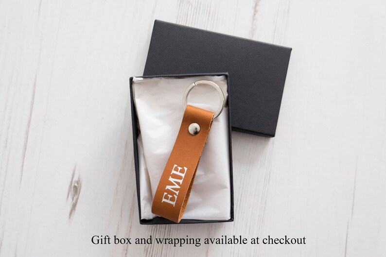 Personalized Leather Keyring Keychain keyfob monogram housewarming gift TAN add gift box