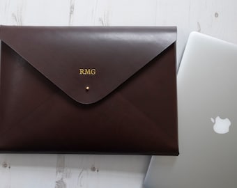 MacBook Pro 14" Leather Laptop Sleeve Case MONOGRAM - Chocolate Brown