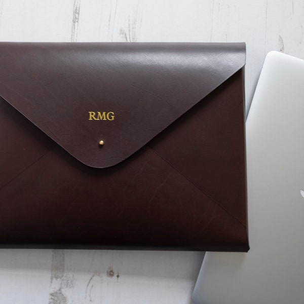 MacBook Pro 14" Leather Laptop Sleeve Case MONOGRAM - Chocolate Brown