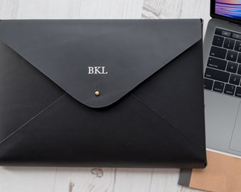 13" Leather Laptop Case Sleeve Personalized Monogram - Black