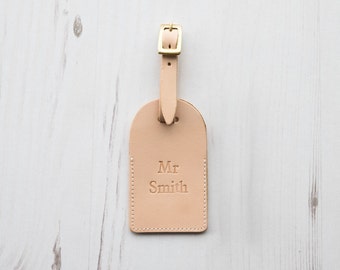 Leather Luggage Tag Handmade Custom Last Name Personalized Monogram - Natural