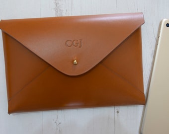iPad mini MONOGRAM leather sleeve - handmade custom tablet cover - Tan