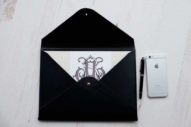 MacBook 12" inch MONOGRAM Leather sleeve Case Folder Holder Custom Personalised - Black image 3