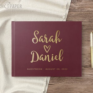 Wedding Guest Book Personalized Guestbook Sign in Book Photo Album Horizontal Landscape Burgundy Gold Foil Wedding Gift Idea