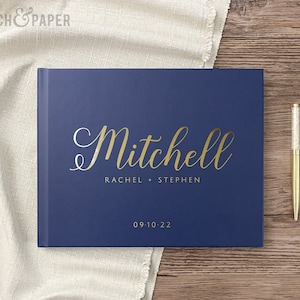 Wedding Guest Book Real Gold Foil Hardcover Landscape Guestbook Personalized Navy Gold Wedding Album, Colors Available