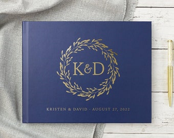 Navy Wedding Guest Book Gold Foil Horizontal Landscape Custom Wedding Guestbook Hardcover Sign in Photo Album