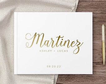 Wedding Guest Book Landscape Wedding Book Real Gold Foil White Wedding Guestbook Personalized Photo Booth Album, Colors Available