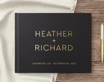 Black Wedding Guest Book Wedding Guestbook Landscape Guest Book Gold Foil Personalized Hardcover Wedding Photo Guest Book