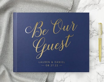 Wedding Guest Book Real Gold Foil Hardcover Landscape Guestbook Personalized Navy Gold Wedding Album, Colors Available