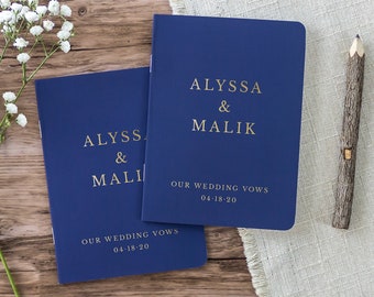 Vow Booklets, His & Her Vow Books, Elegant Calligraphy Wedding Vow Books, Navy Wedding with Gold Foil, Colors Available