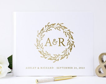 Wedding Guest Book Wedding Guestbook Monogram Custom Wedding Album with Gold Foil Photo Booth Ideas, Colors Available