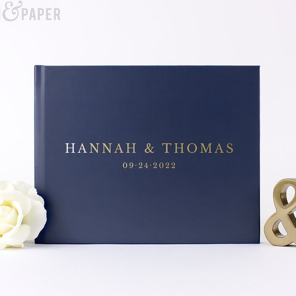 Gold Foil Guest Book, Navy and Gold Wedding Guest Book, Navy Blue and Gold Custom Hardcover Guestbook, Silver Rose Gold Foil Options