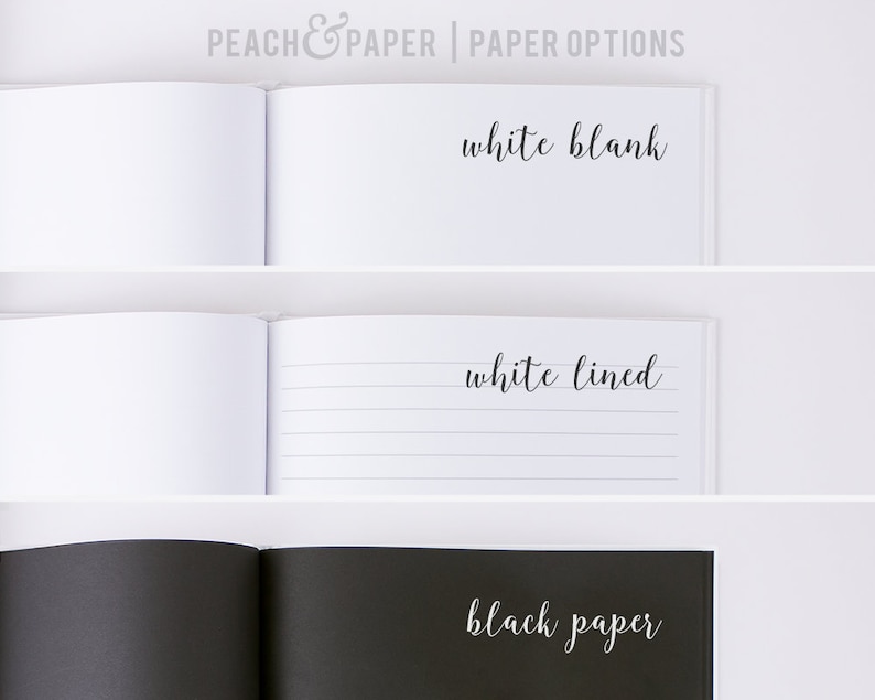 May include: Open notebooks with different paper options. The top notebook has blank white pages, the middle one has white lined pages, and the bottom one has black paper. The text "PEACH & PAPER | PAPER OPTIONS" is at the top.