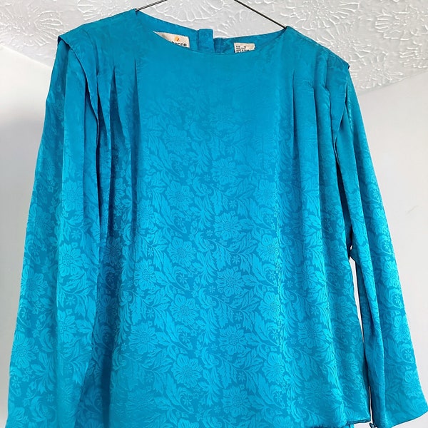 Vintage Liz Claiborne Teal Floral Silk Blouse, Size 10