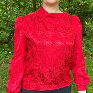 Vintage Red Floral Asymmetrical Collar Blouse ~ Size 10
