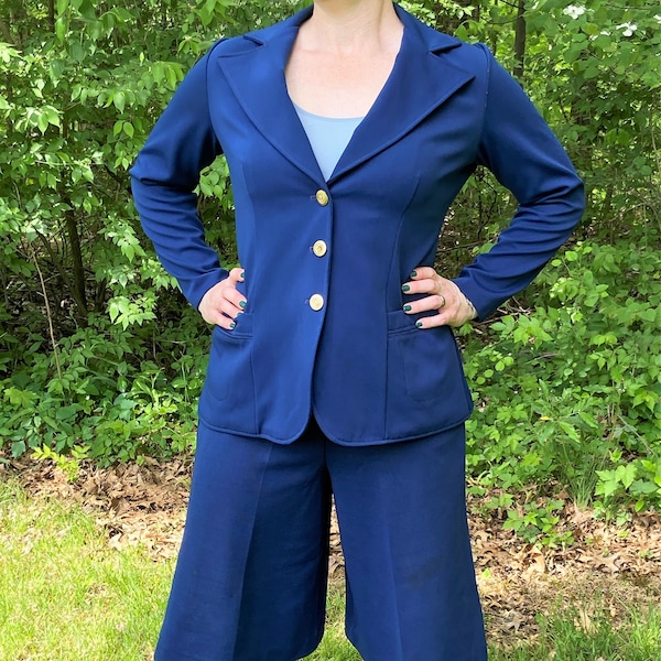 Vintage 1970s Navy Blue Women's Suit Set, 3 Piece Pantsuit, Kulat Pants, Women's Size 16