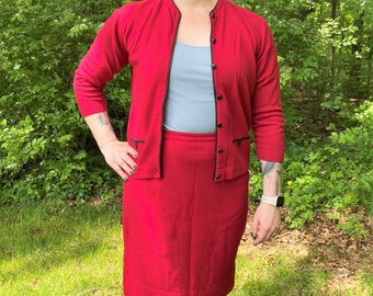 Vintage 1960er Jahre roter Wollrock Anzug, Frauen Größe M-L
