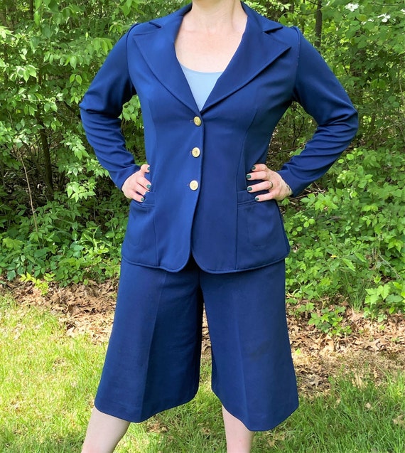 Vintage 1970s Navy Blue Women's Suit Set, 3 Piece Pantsuit, Kulat