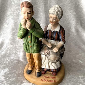 Vintage Norman Rockwell Ceramic Figurine, Boy Threading Needle for Grandma