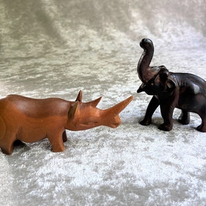 Vintage Carved Wood Elephant and Rhinoceros