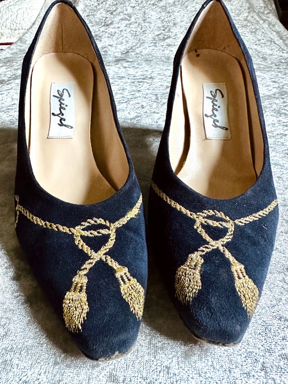 Vintage Navy Blue and Gold Embroidered Heels, Navy