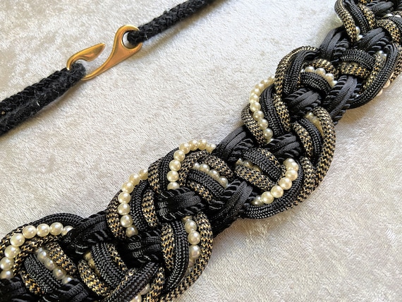 Vintage 1980s Braided Belt: Black, Gold & Pearl Woven Rope  display picture 1
