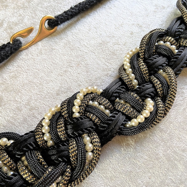 Vintage 1980s Braided Belt, Gold and Pearl Belt, 2X Belt