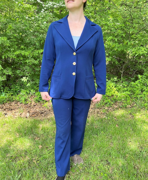 Vintage 1970s Navy Blue Women's Suit Set, 3 Piece Pantsuit, Kulat Pants, Women's  Size 16 