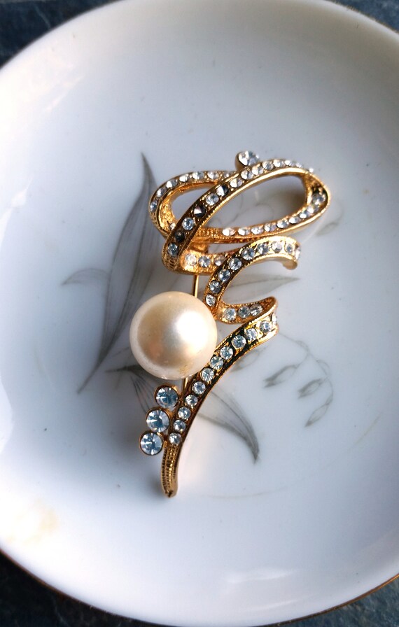 Broche Vintage En Porcelaine Et Strass – Occasion En Excellent état, Bijou Fantaisie Rétro