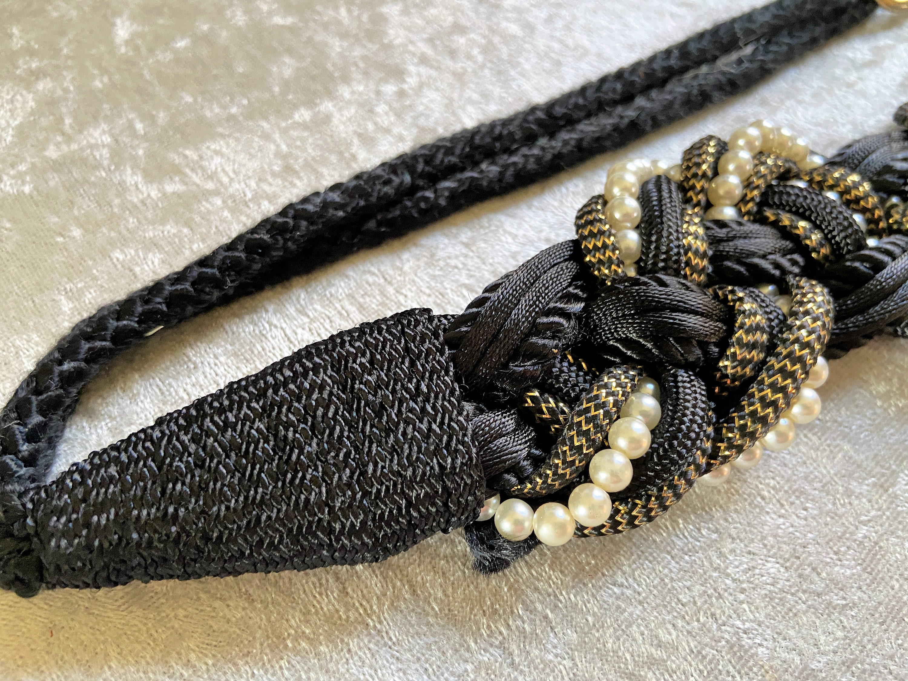 Vintage 1980s Braided Belt: Black, Gold & Pearl Woven Rope  display picture 3