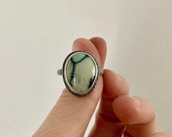 New Lander variscite and sterling silver statement ring, Halloween jewelry, silversmith jewelry