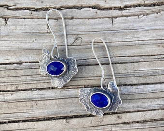 Lapis lazuli and sterling silver botanical earrings, gingko butterflies, silversmith jewelry