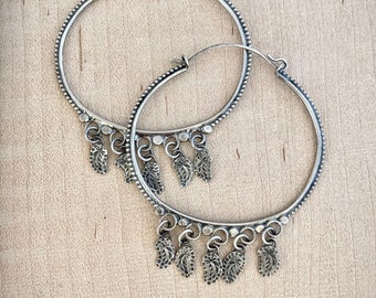 Ornate feather chandelier hoop earrings, sterling silver, silversmith jewelry