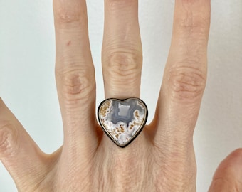 Floral heart ring, purple banded agate and sterling silver, silversmith jewelry