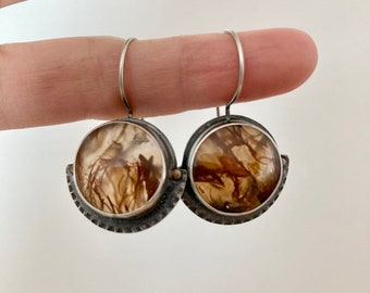 Priday Thunderegg moss agate, sterling silver, and bronze statement earrings, silversmith jewelry