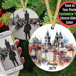 Custom Prague Travel Ornament with Photo Personalized Gift, Travel Influencer Vacation Ornament, Content Creator Travel Blogger Gift Idea Gold