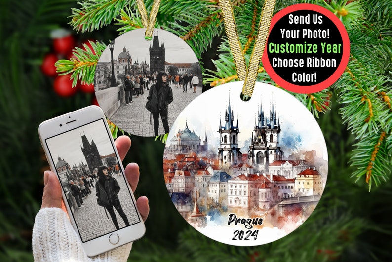 Custom Prague Travel Ornament with Photo Personalized Gift, Travel Influencer Vacation Ornament, Content Creator Travel Blogger Gift Idea Gold