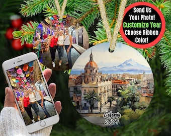 Custom Catania Travel Ornament with Photo Personalized Gift, Travel Influencer Vacation Ornament, Content Creator Travel Blogger Gift Idea