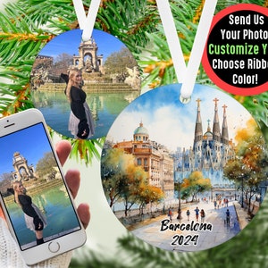 Custom Barcelona Family Pic Ornament, Family Photo Bauble, Picture Keepsake Ornament, Vacation Adventure Travelers Gift, Memorable Keepsake White