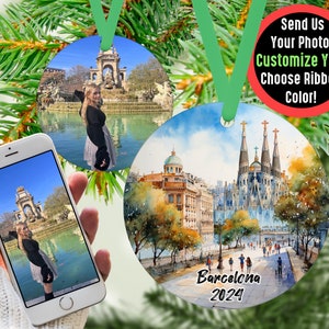 Custom Barcelona Family Pic Ornament, Family Photo Bauble, Picture Keepsake Ornament, Vacation Adventure Travelers Gift, Memorable Keepsake Green